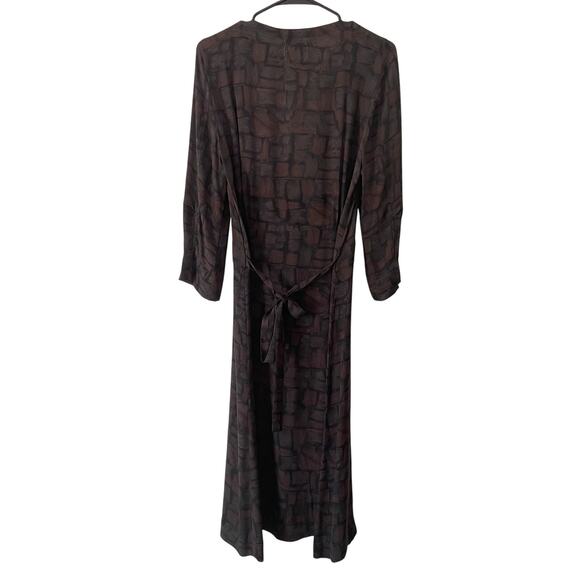 Boho Y2K Beaded Tie-Back Midi Dress 90s Silk Brown Abstract Print Applique Sz 10 - Picture 2 of 9